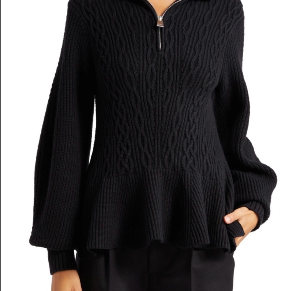 Simkhai Susanna Quarter Zip  Cable Knit Sweater in Black. Size